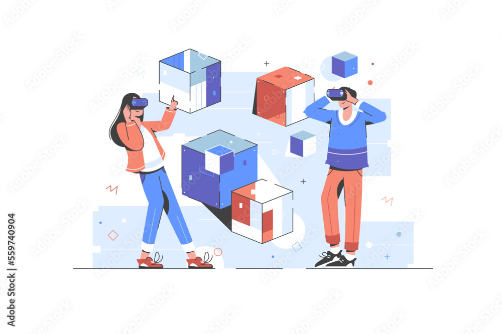 A man and woman wearing virtual reality headsets vector Illustration. Virtual space travel. Wear vr glasses, augmented reality game. VR Workspace, Futuristic Recreation. Business A man and woman wearing virtual reality headsets vector Illustration. Virtual space travel. Wear vr glasses, augmented reality game. VR Workspace, Futuristic Recreation. Business