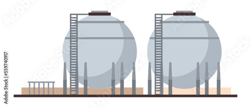 Petroleum and gas stations, isolated machinery and technologies of oil industry. Barrels or huge containers for storage on factory. Vector in flat style