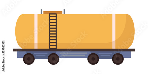 Oil and gas industry, production and transportation of product. Isolated tank car with cylinder container with liquid, petroleum or fuel. Vector in flat style