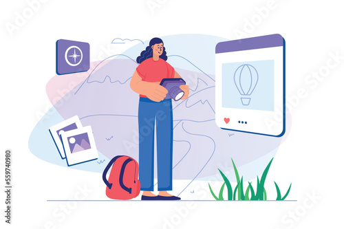 Travel concept with people scene. Woman traveler with backpack goes on vacation in different country, looks at sights and takes photo. Illustration with character in flat design for web banner