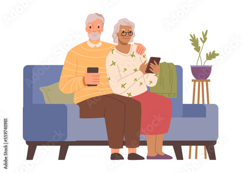 Senior people using smartphones sitting on sofa and resting. Pensioners with modern technologies, cell phone with internet. Flat cartoon character vector