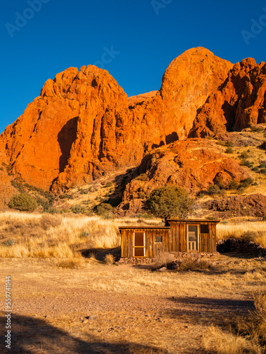 Organ Mountains, Desert Peaks National Monument in Las Cruces, Doña Ana County, New Mexico, Southwestern USA, Dripping Springs Natural Area, red rhyolitic rock formations over the abandoned animal she photo