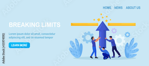 Businessmen try with full effort to break ceiling to growing in work. People overcoming difficulty, limits. Struggle with career obstacle, exceeding boundaries. Business progress, development