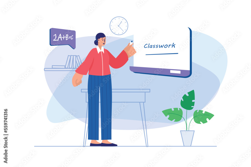 Back to school concept with people scene. Teacher stands at blackboard, writes classwork and explains in lesson for students in class. Illustration with character in flat design for web banner