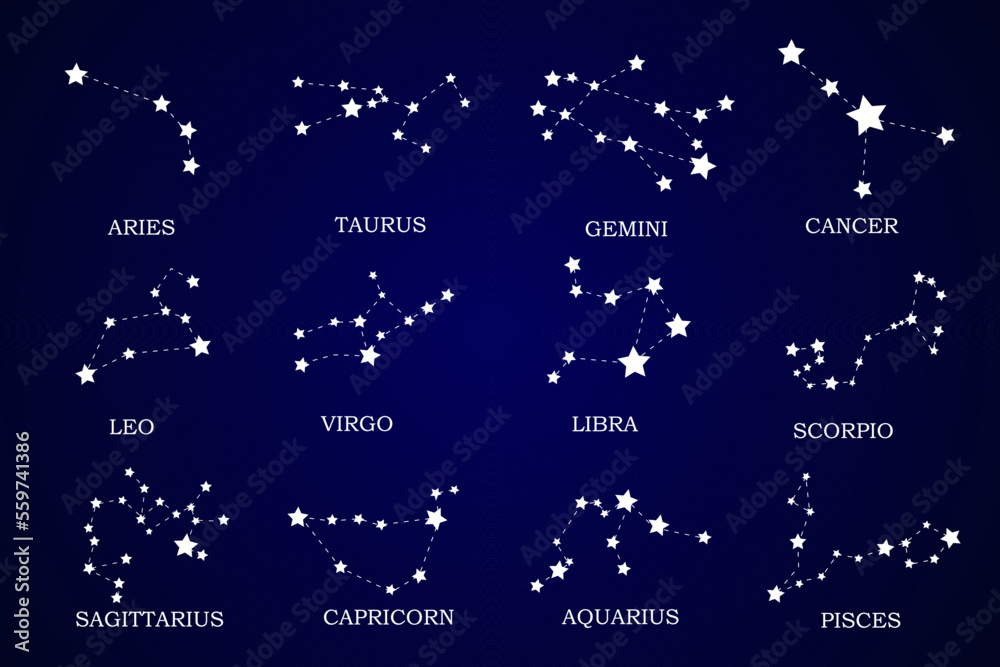 Set of zodiac signs Aries, Taurus, Leo, Gemini, Virgo, Scorpio, Libra, Aquarius, Sagittarius, Pisces, Capricorn, Cancer. Vector pattern for astrological, esoteric, magic sessions, personality re Set of zodiac signs Aries, Taurus, Leo, Gemini, Virgo, Scorpio, Libra, Aquarius, Sagittarius, Pisces, Capricorn, Cancer. Vector pattern for astrological, esoteric, magic sessions, personality re