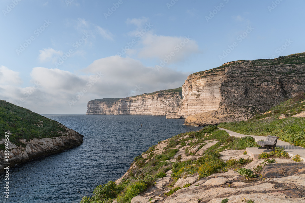 Cliffs at Xlendi in Gozo. With views over the sea. 