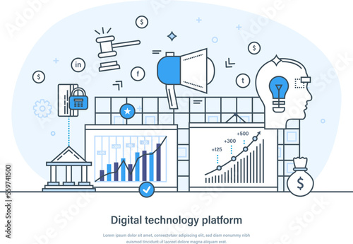 Digital technology platform for building and running business applications. Analytics, database and data management, tools for application development thin line design of vector doodles