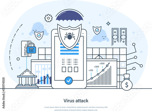 Virus attack industrial cybersecurity, data mining and protection. Antivirus software, data protection and cyber security digital protection system, privacy program thin line design of vector doodles