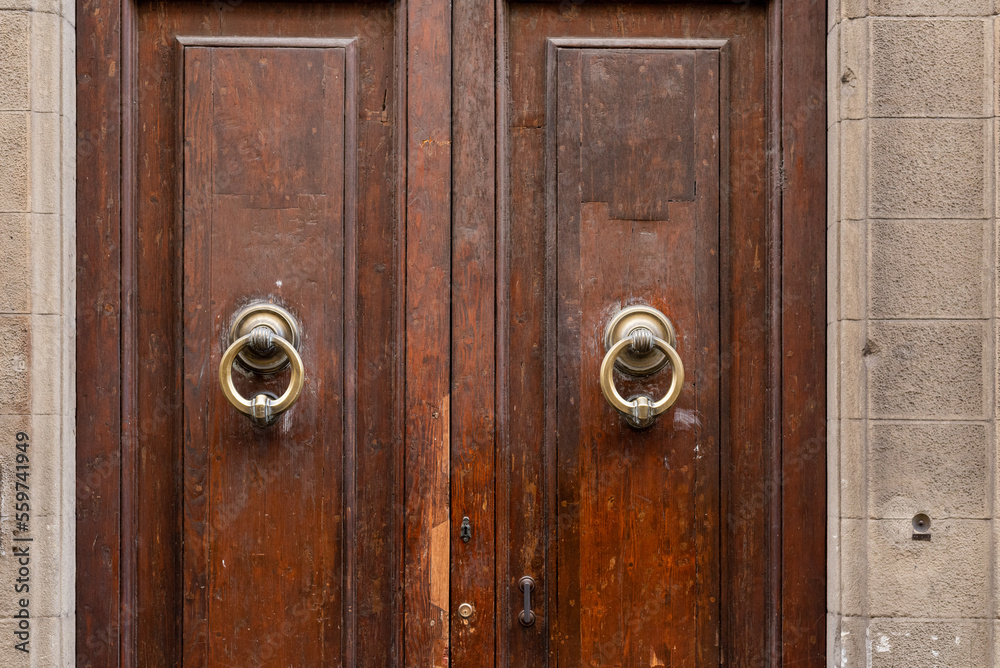 Old wooden door with two door knockers, close up Old wooden door with two door knockers, close up