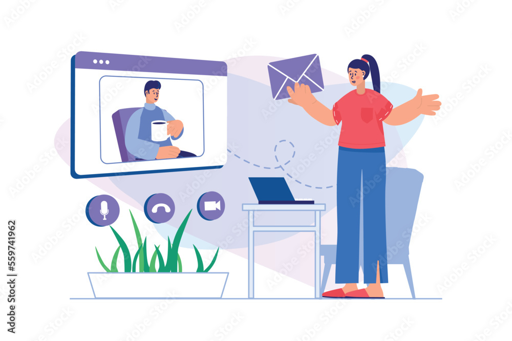 Video chatting concept with people scene. Woman receives messages and communicates online with man using laptop and video call program. Illustration with character in flat design for web banner Video chatting concept with people scene. Woman receives messages and communicates online with man using laptop and video call program. Illustration with character in flat design for web banner