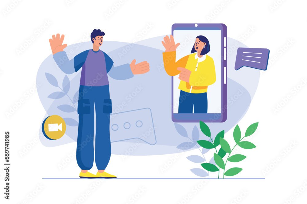 Video chatting concept with people scene. Happy man communicates online with woman using video call application for mobile phone. Illustration with character in flat design for web banner