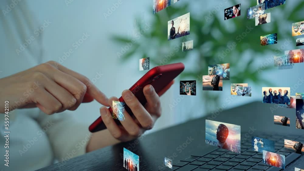 Smartphone user and various video screens. Streaming video. Video distribution service. NFT. Non-fungible token. Image generation AI.