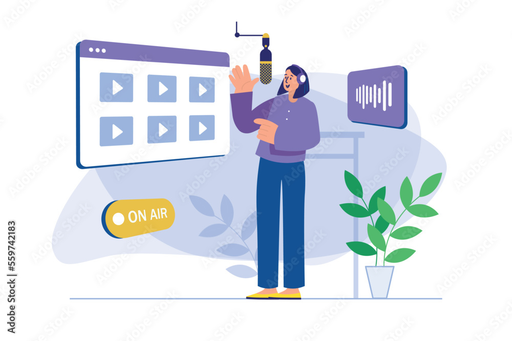 Podcast streaming concept with people scene. Woman host of show talking into microphone, record audio content during live broadcast. Illustration with character in flat design for web banner Podcast streaming concept with people scene. Woman host of show talking into microphone, record audio content during live broadcast. Illustration with character in flat design for web banner