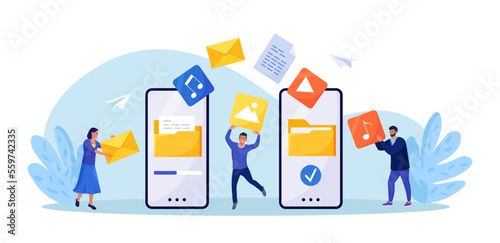 File Transfer. Smartphones with folders on screen, transferred documents. Copy files, data exchange, backup. Saving document on storage. Digital data migration between devices People sharing files