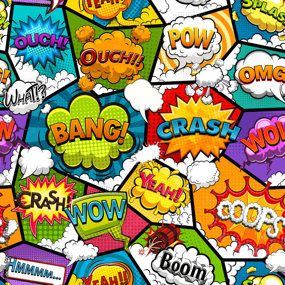 Comic book page divided by lines seamless pattern with speech bubbles and rocket. Illustration