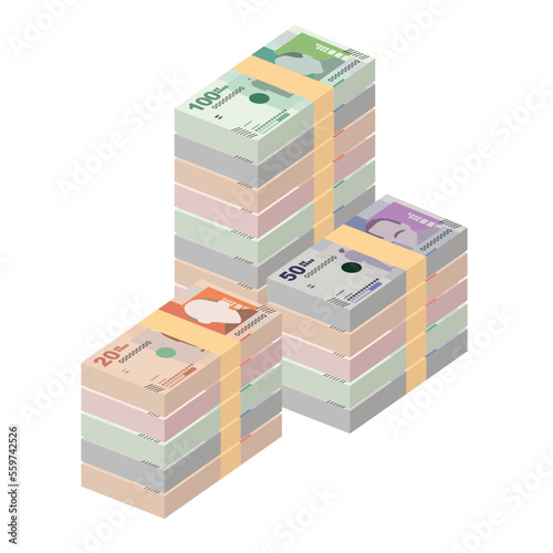 Colombian Peso Vector Illustration. Colombia, Venezuela money set bundle banknotes. Paper money 100, 50, 20, 10 COP. Flat style. Isolated on white background. Simple minimal design.