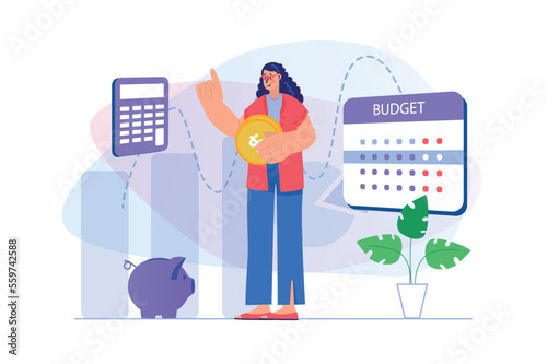 Planning financial budget concept with people scene. Woman calculates finances and savings, plans to pay taxes and bills in calendar. Illustration with character in flat design for web banner