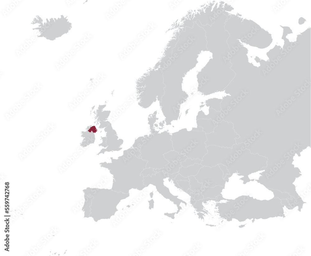 Obraz premium Maroon Map of North Ireland within gray map of European continent