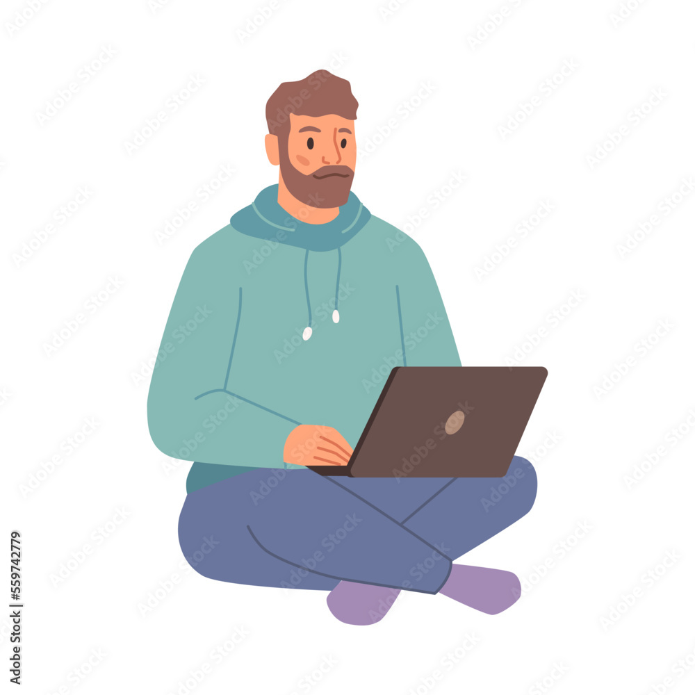 Man sitting and working on laptop isolated flat cartoon character. Vector freelancer or online worker with computer, programmer or developer using notebook, distant worker Man sitting and working on laptop isolated flat cartoon character. Vector freelancer or online worker with computer, programmer or developer using notebook, distant worker