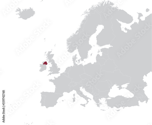 Maroon Map of North Ireland within gray map of European continent