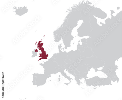 Maroon Map of United Kingdom within gray map of European continent