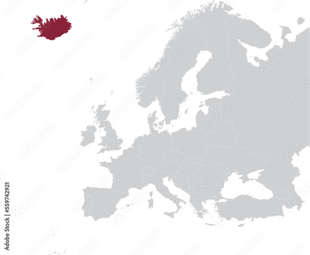 Maroon Map of Iceland within gray map of European continent