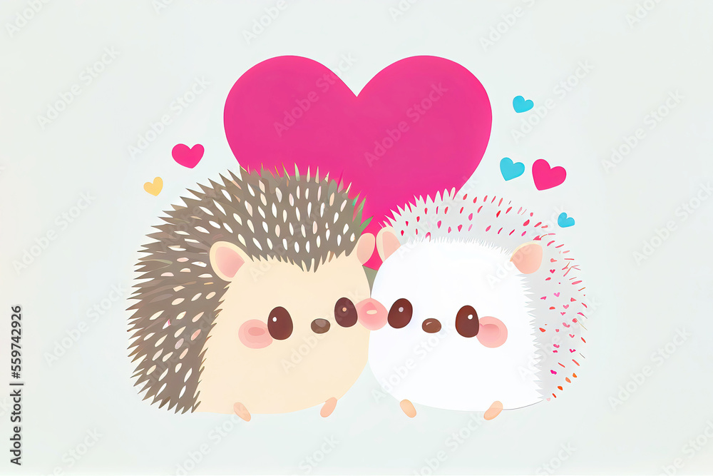 Two cute cartoon hedgehogs in love with pink heart on Valentines Day
