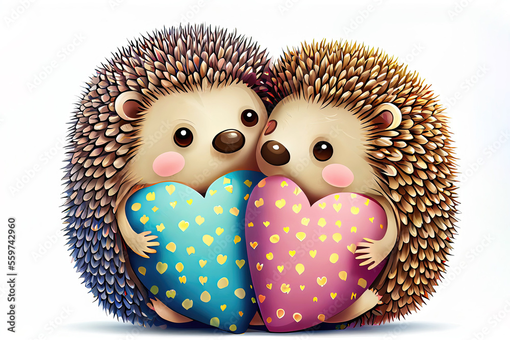 Cute cartoon hedgehog couple in love holding hearts (Generative AI) Stock  Illustration | Adobe Stock