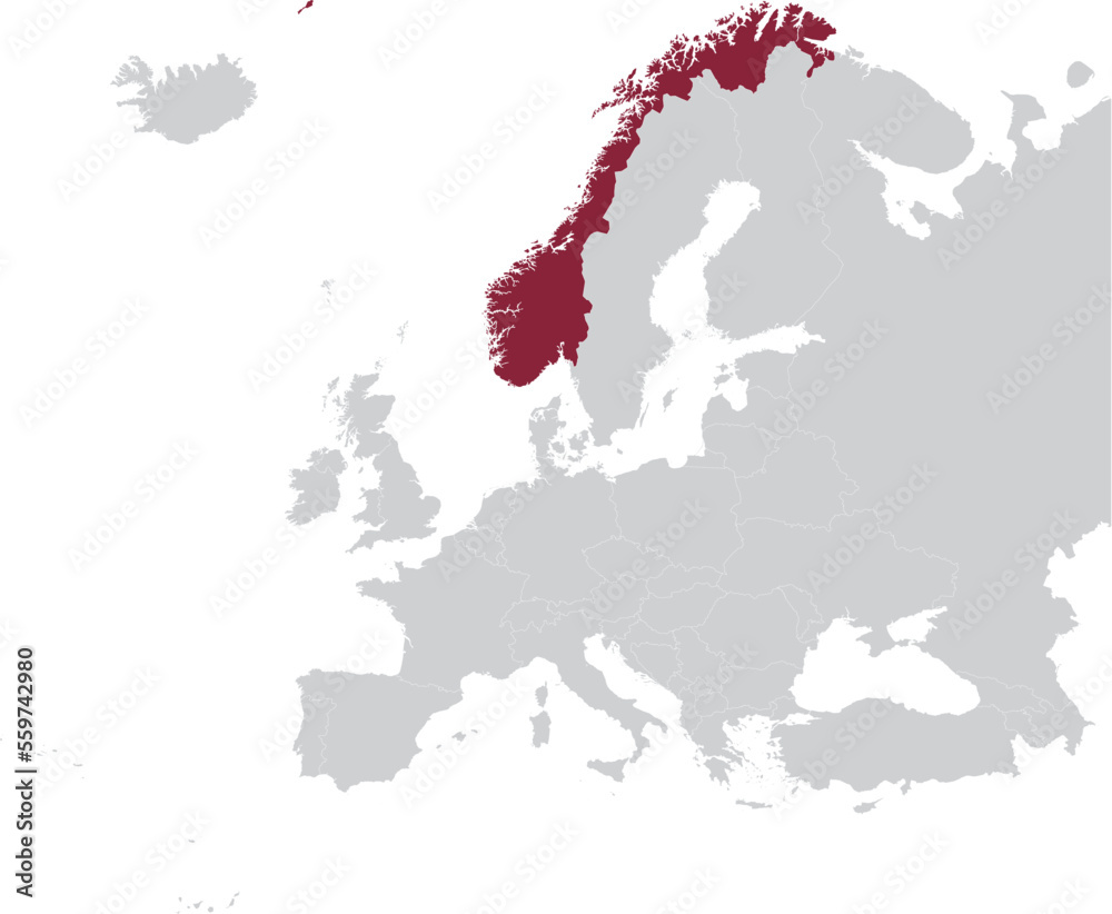 Obraz premium Maroon Map of Norway within gray map of European continent