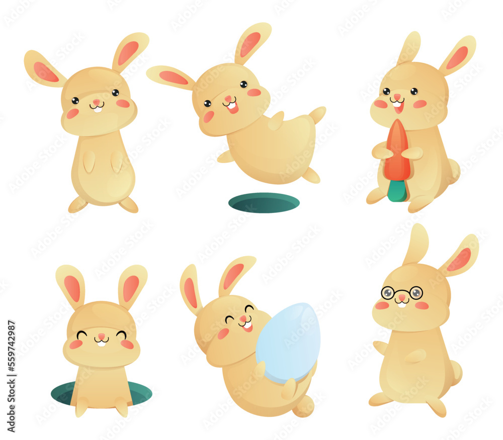 Cute baby rabbits in the collection. Set of pretty animals in different poses. Adorable pink baby rabbits isolated on white background. Vector illustration. Cute baby rabbits in the collection. Set of pretty animals in different poses. Adorable pink baby rabbits isolated on white background. Vector illustration.