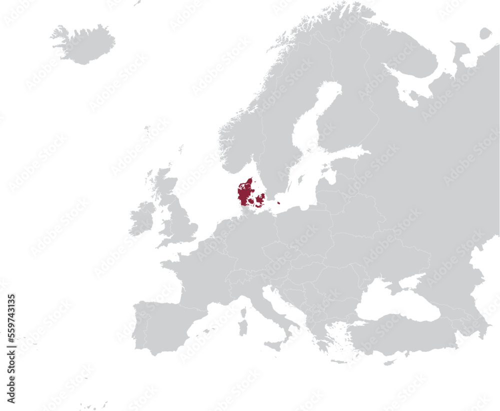 Maroon Map of Denmark within gray map of European continent