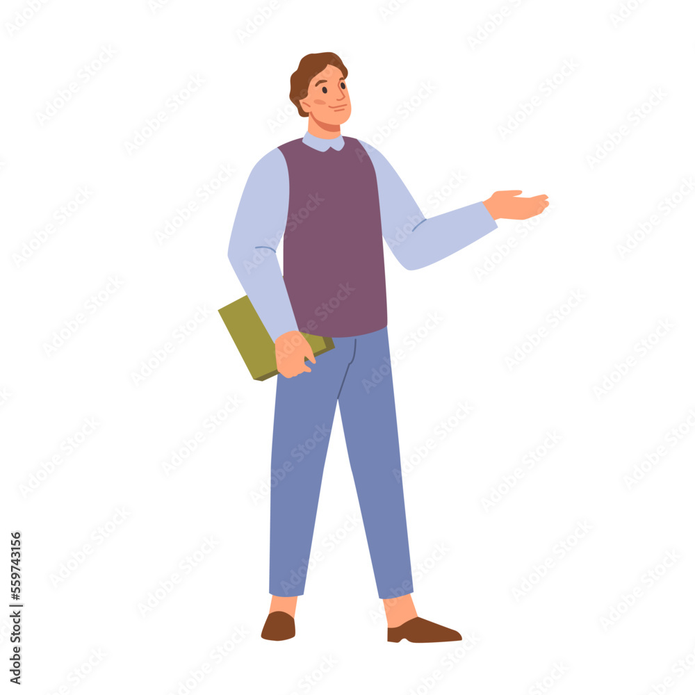 Man standing and pointing by hand, presentation. Promotion and advertisement concept. Male with folder pointing, introducing product with hand gesture. Cartoon guy shows or announce something Man standing and pointing by hand, presentation. Promotion and advertisement concept. Male with folder pointing, introducing product with hand gesture. Cartoon guy shows or announce something