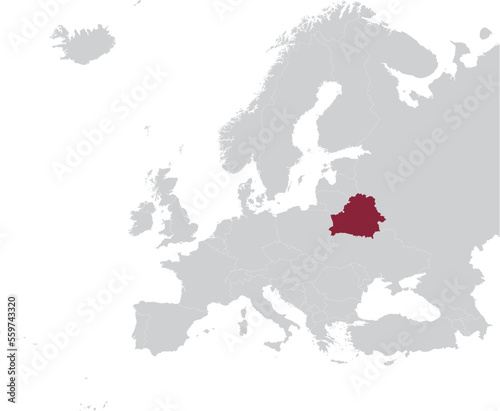 Maroon Map of Belarus within gray map of European continent