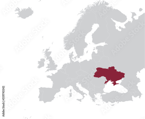 Maroon Map of Ukraine within gray map of European continent
