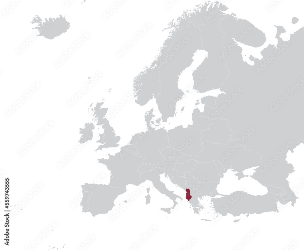 Fototapeta premium Maroon Map of Albania within gray map of European continent