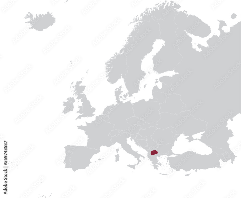 Maroon Map of North Macedonia within gray map of European continent