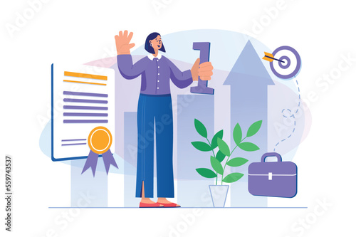Business award concept with people scene. Businesswoman rejoices in winning, achieves career goals, receives first place certificate. Illustration with character in flat design for web banner