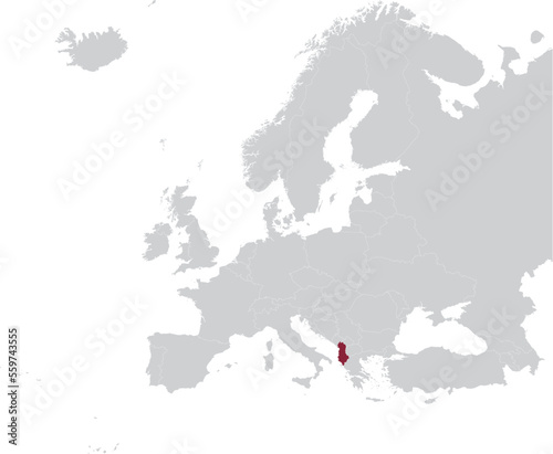 Maroon Map of Albania within gray map of European continent