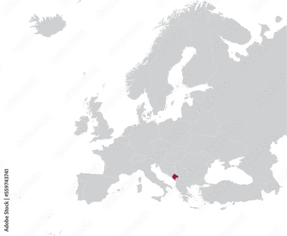 Maroon Map of Montenegro within gray map of European continent