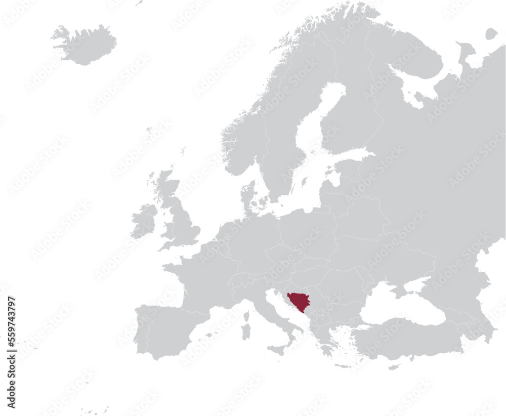 Obraz premium Maroon Map of Bosnia and Herzegovina within gray map of European continent
