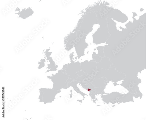 Maroon Map of Montenegro within gray map of European continent