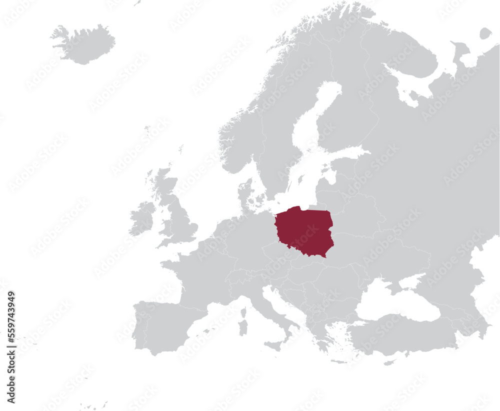 Obraz premium Maroon Map of Poland within gray map of European continent