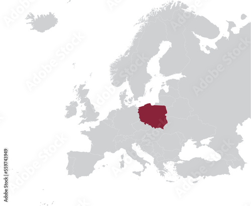 Maroon Map of Poland within gray map of European continent
