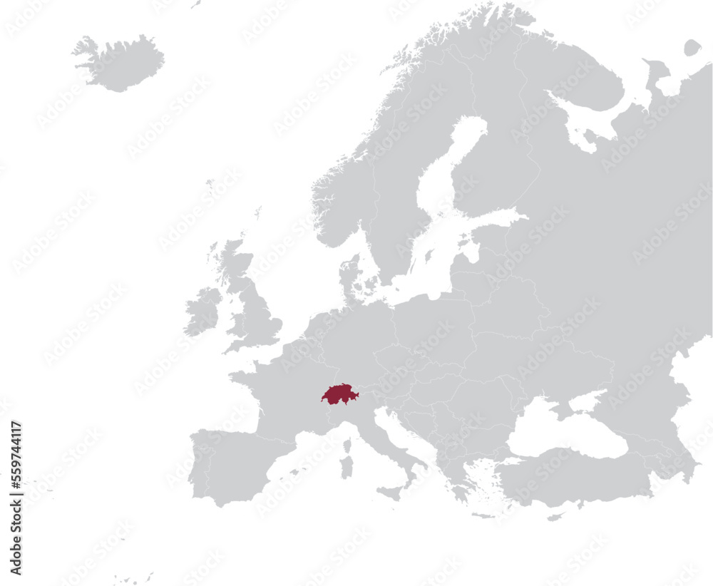 Obraz premium Maroon Map of Switzerland within gray map of European continent