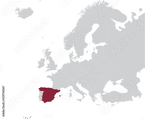 Maroon Map of Spain within gray map of European continent