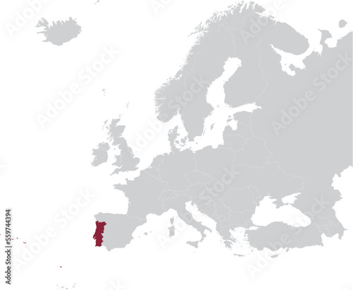 Maroon Map of Portugal within gray map of European continent