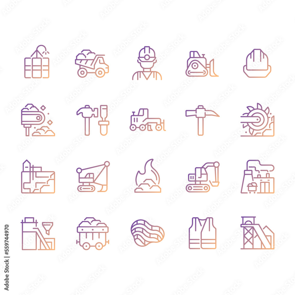 Coal mining pixel perfect gradient linear vector icons set. Personal protective equipment. Heavy industry. Thin line contour symbol designs bundle. Isolated outline illustrations collection Coal mining pixel perfect gradient linear vector icons set. Personal protective equipment. Heavy industry. Thin line contour symbol designs bundle. Isolated outline illustrations collection