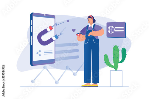 Social media marketing concept with people scene. Woman uses mobile applications for social networks and clicks advertising links. Illustration with character in flat design for web banner