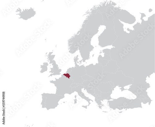 Maroon Map of Belgium within gray map of European continent