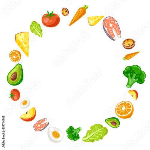 Frame with healthy eating and diet meal. Fruits  vegetables and proteins for proper nutrition.